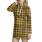Brown And Tan Houndstooth Pattern Print Hoodie Dress