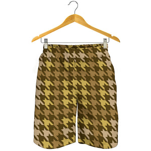 Brown And Tan Houndstooth Pattern Print Men's Shorts