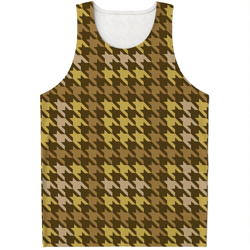 Brown And Tan Houndstooth Pattern Print Men's Tank Top