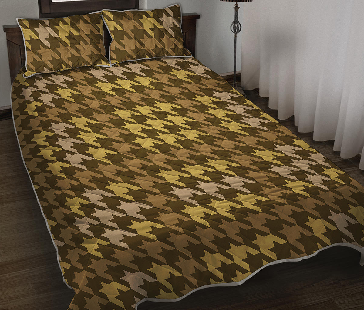 Brown And Tan Houndstooth Pattern Print Quilt Bed Set