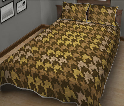Brown And Tan Houndstooth Pattern Print Quilt Bed Set