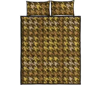 Brown And Tan Houndstooth Pattern Print Quilt Bed Set