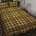 Brown And Tan Houndstooth Pattern Print Quilt Bed Set