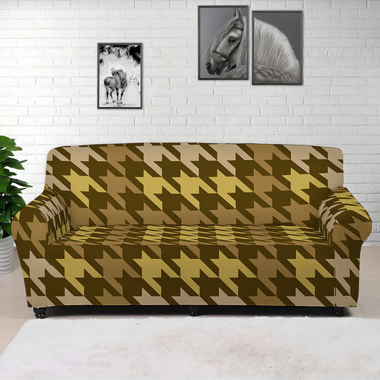 Brown And Tan Houndstooth Pattern Print Sofa Cover