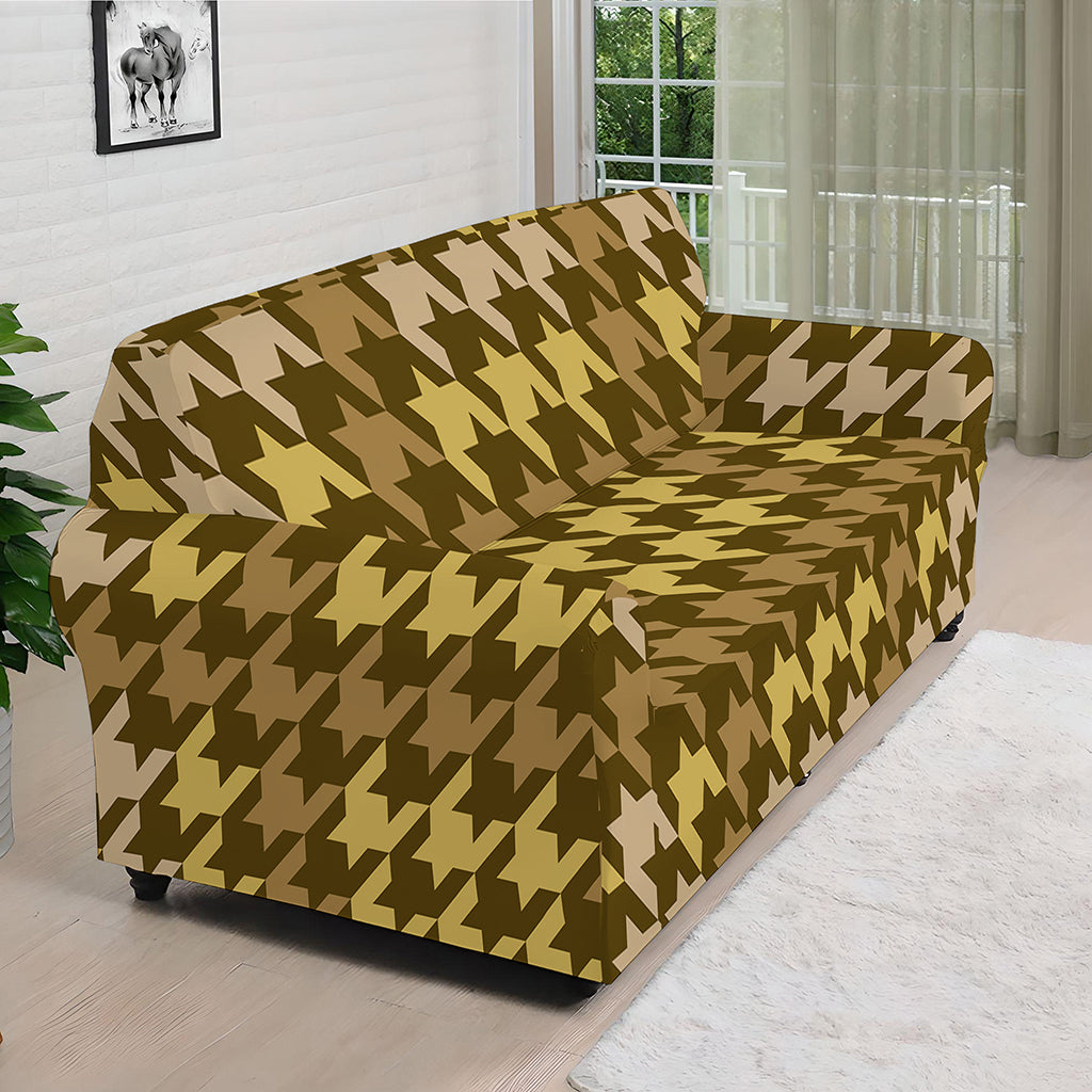 Brown And Tan Houndstooth Pattern Print Sofa Cover