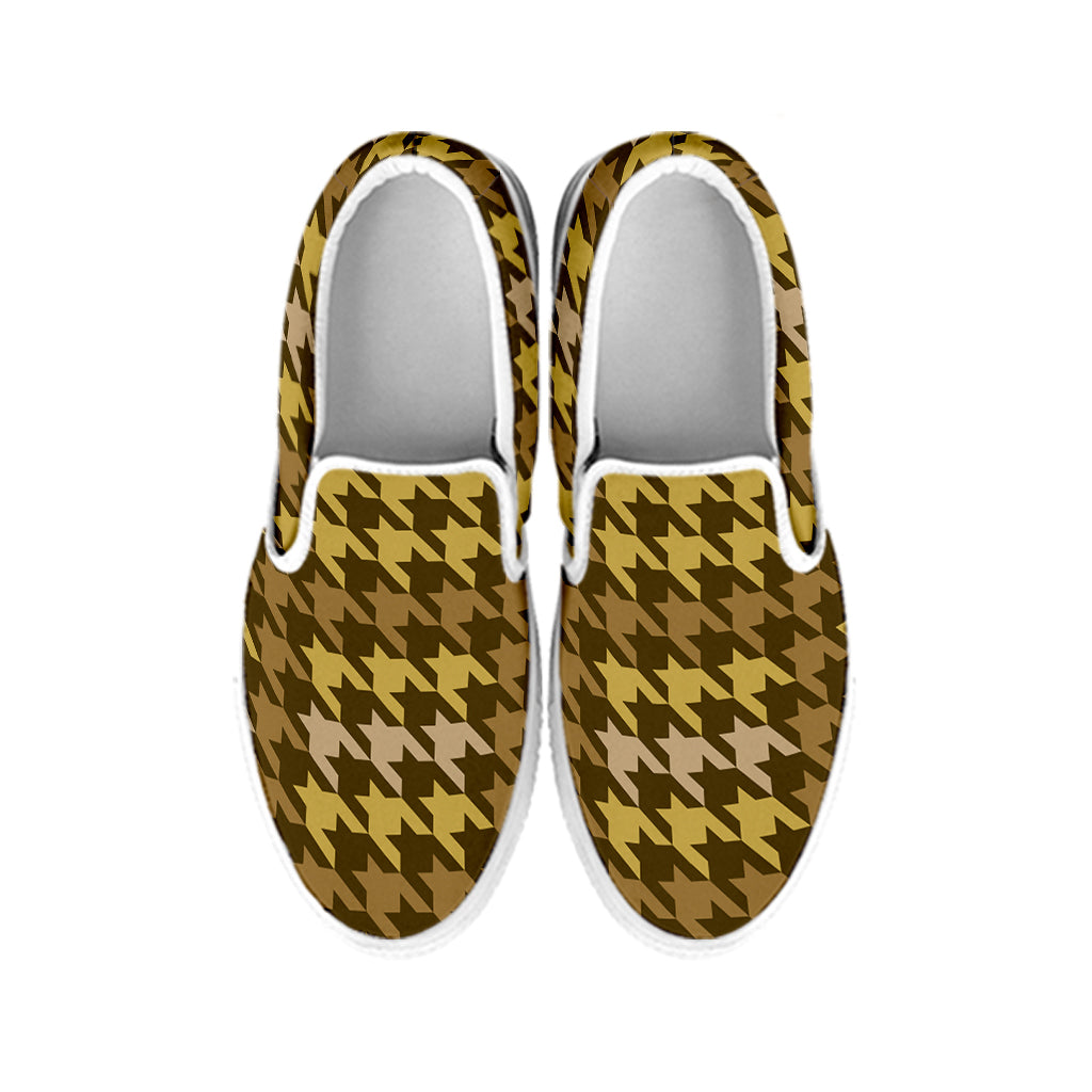 Brown And Tan Houndstooth Pattern Print White Slip On Shoes