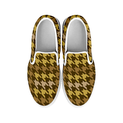 Brown And Tan Houndstooth Pattern Print White Slip On Shoes