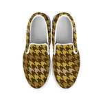 Brown And Tan Houndstooth Pattern Print White Slip On Shoes