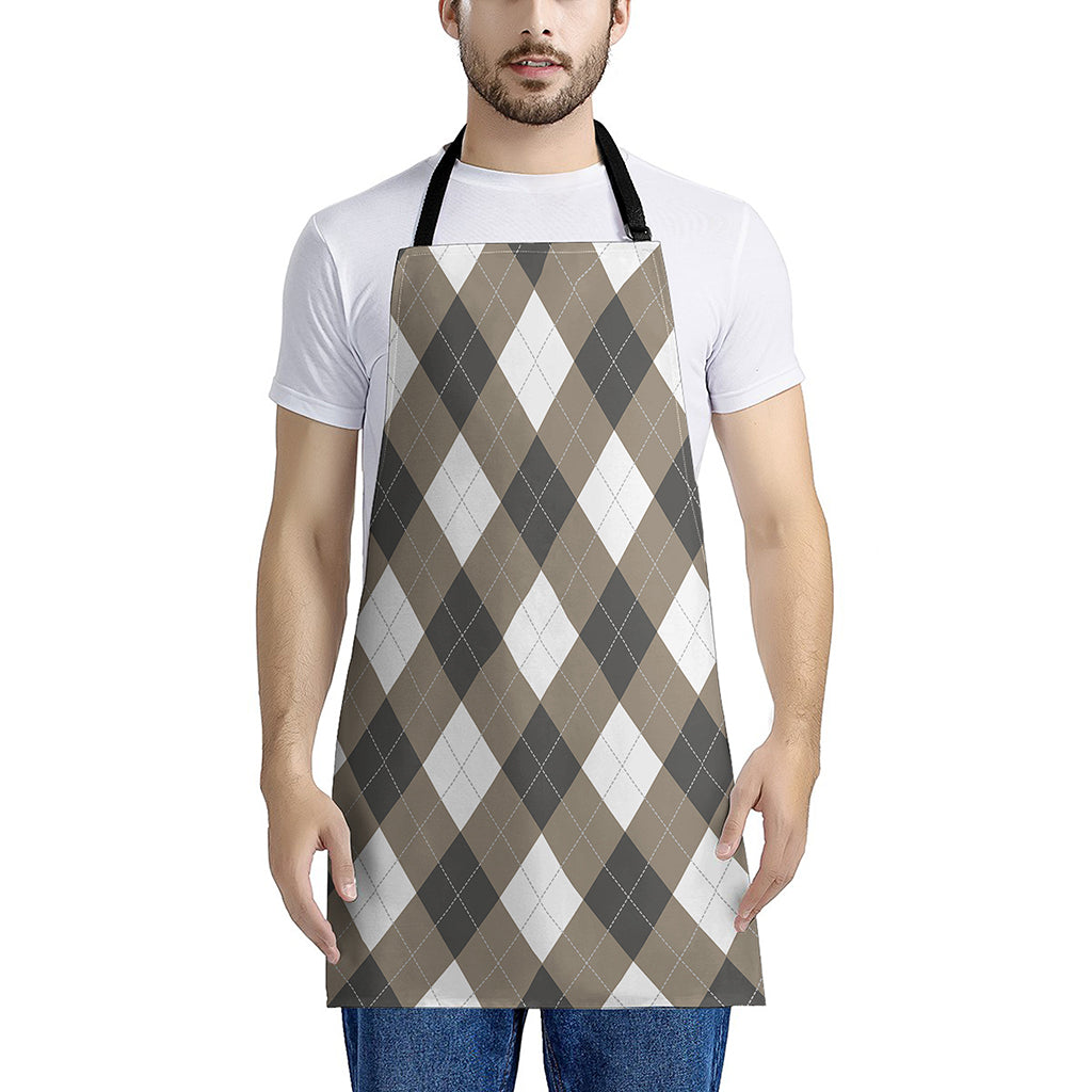 Brown And White Argyle Pattern Print Apron