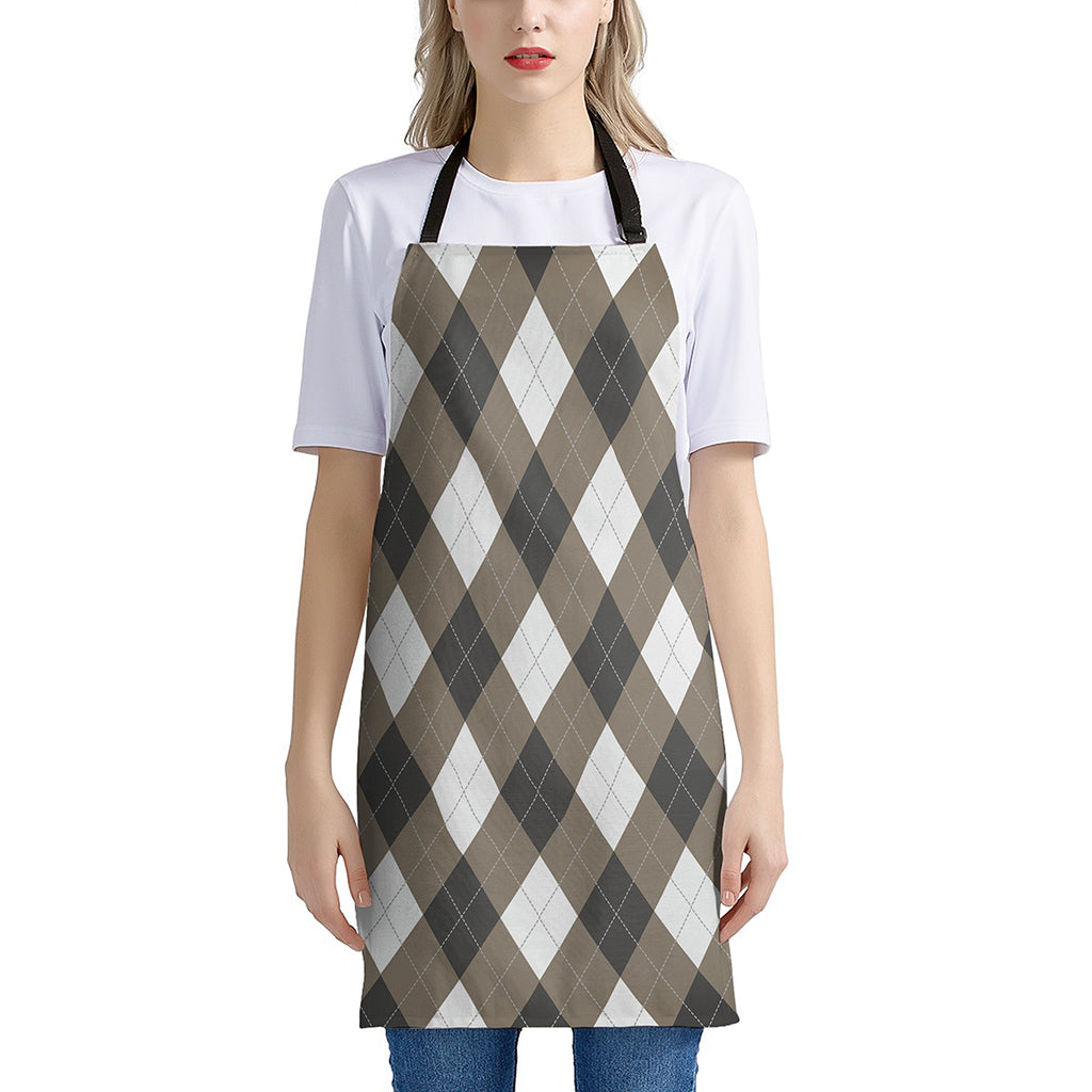 Brown And White Argyle Pattern Print Apron