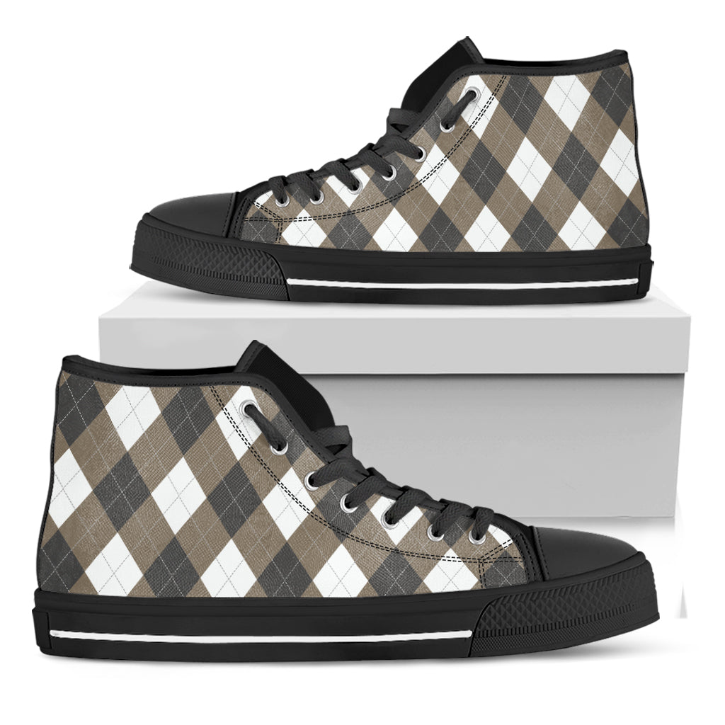 Brown And White Argyle Pattern Print Black High Top Shoes