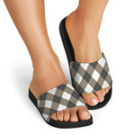 Brown And White Argyle Pattern Print Black Slide Sandals