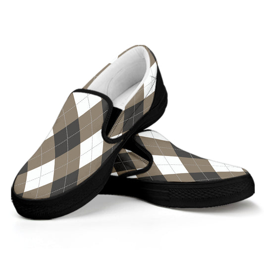 Brown And White Argyle Pattern Print Black Slip On Shoes