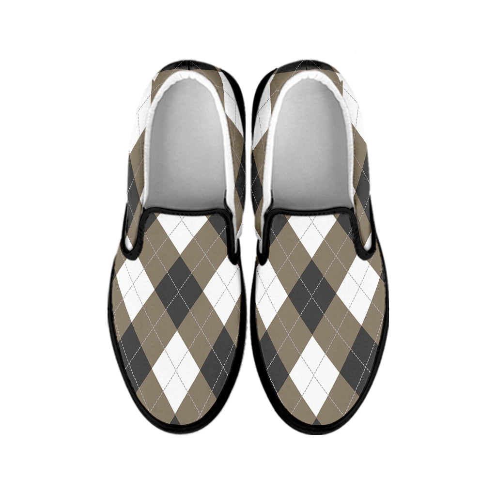 Brown And White Argyle Pattern Print Black Slip On Shoes