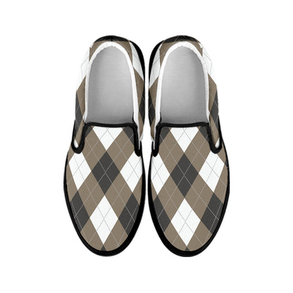 Brown And White Argyle Pattern Print Black Slip On Shoes