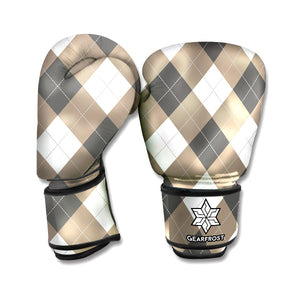 Brown And White Argyle Pattern Print Boxing Gloves