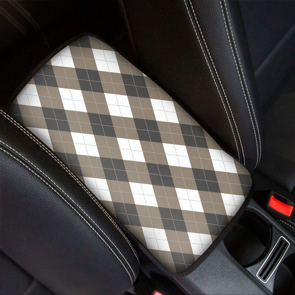 Brown And White Argyle Pattern Print Car Center Console Cover