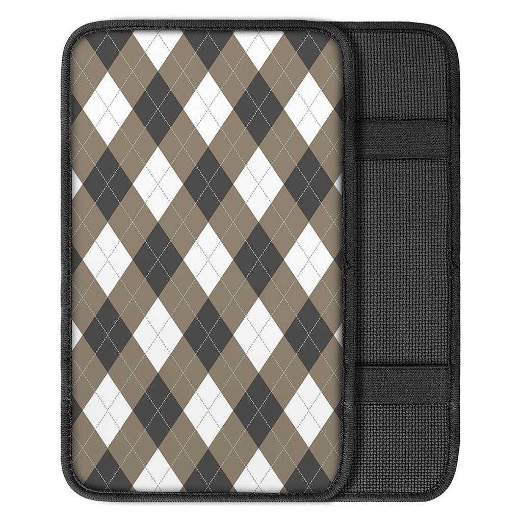 Brown And White Argyle Pattern Print Car Center Console Cover