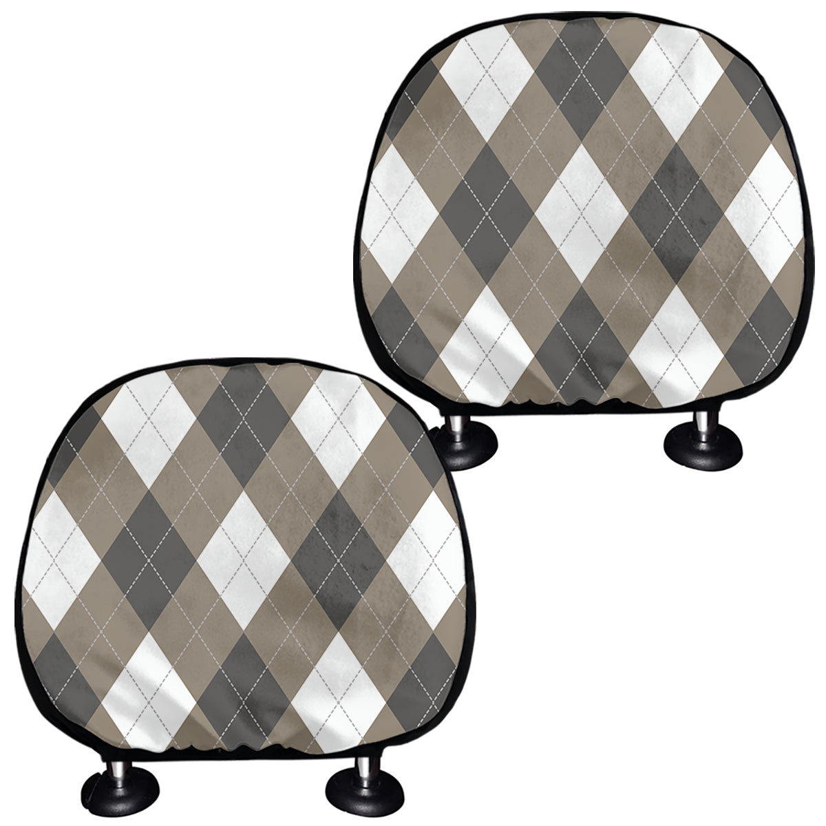 Brown And White Argyle Pattern Print Car Headrest Covers
