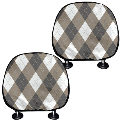 Brown And White Argyle Pattern Print Car Headrest Covers