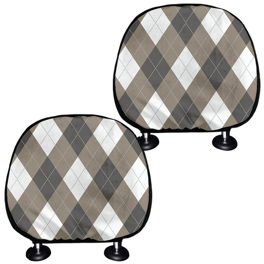Brown And White Argyle Pattern Print Car Headrest Covers