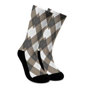 Brown And White Argyle Pattern Print Crew Socks