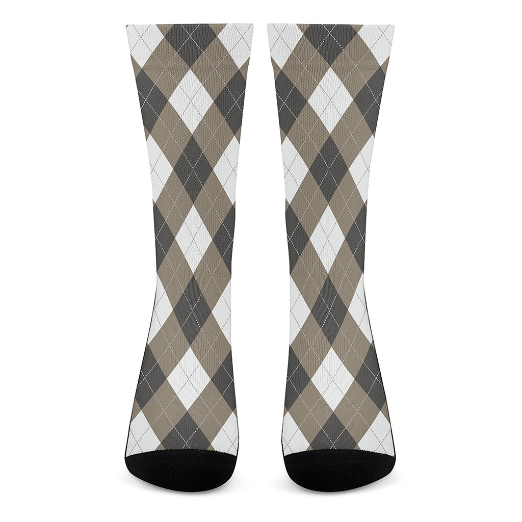 Brown And White Argyle Pattern Print Crew Socks