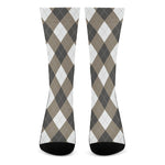 Brown And White Argyle Pattern Print Crew Socks