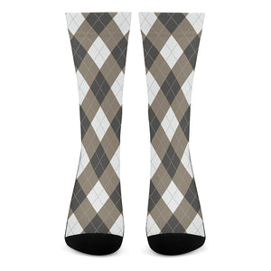 Brown And White Argyle Pattern Print Crew Socks