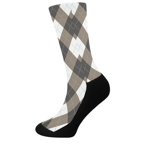 Brown And White Argyle Pattern Print Crew Socks