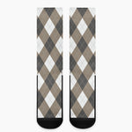 Brown And White Argyle Pattern Print Crew Socks