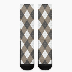 Brown And White Argyle Pattern Print Crew Socks