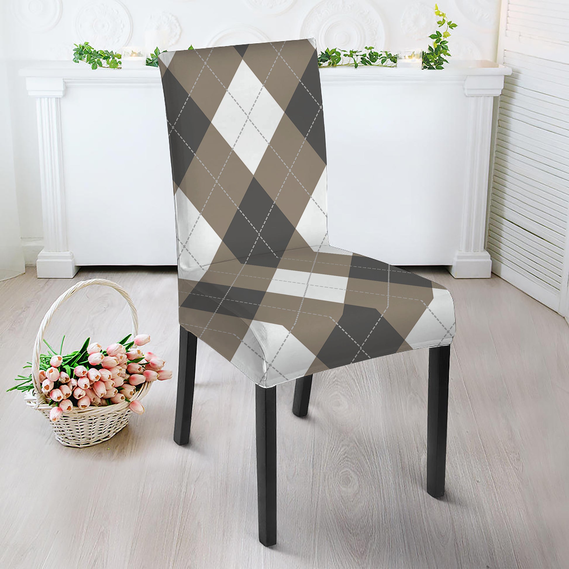 Brown And White Argyle Pattern Print Dining Chair Slipcover
