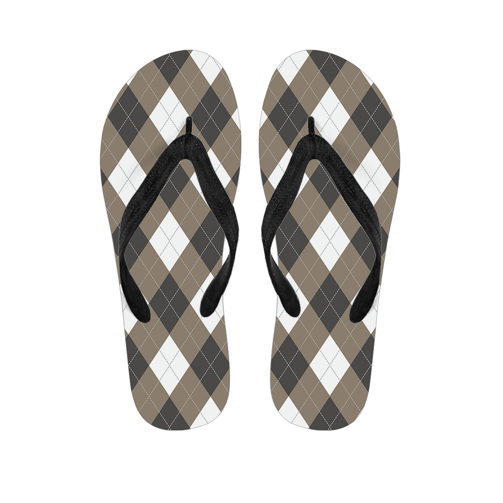 Brown And White Argyle Pattern Print Flip Flops