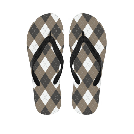 Brown And White Argyle Pattern Print Flip Flops