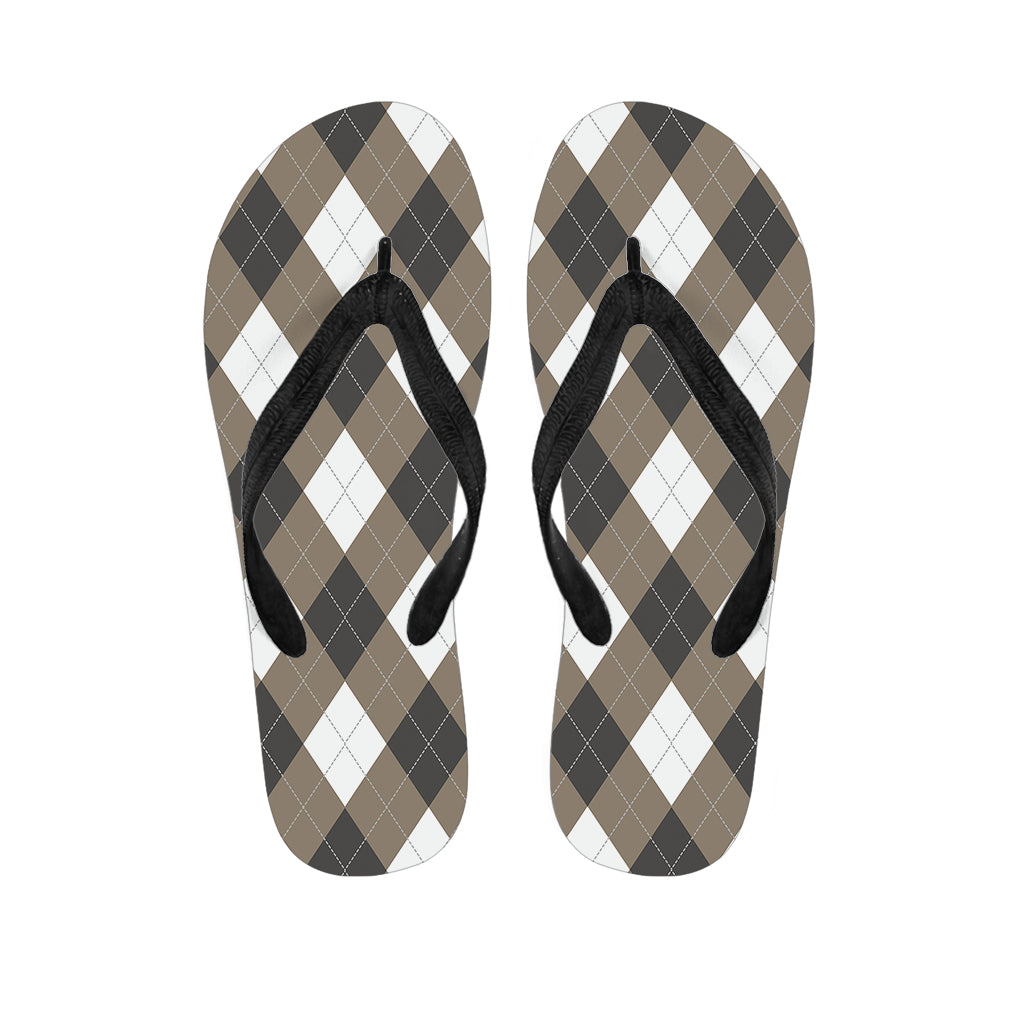 Brown And White Argyle Pattern Print Flip Flops