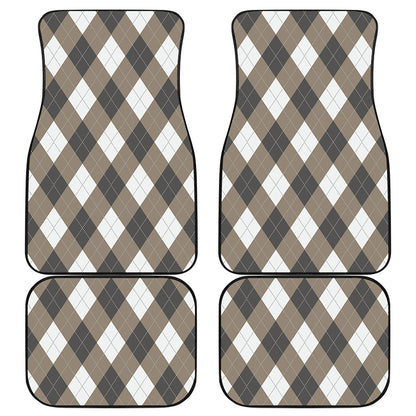 Brown And White Argyle Pattern Print Front and Back Car Floor Mats