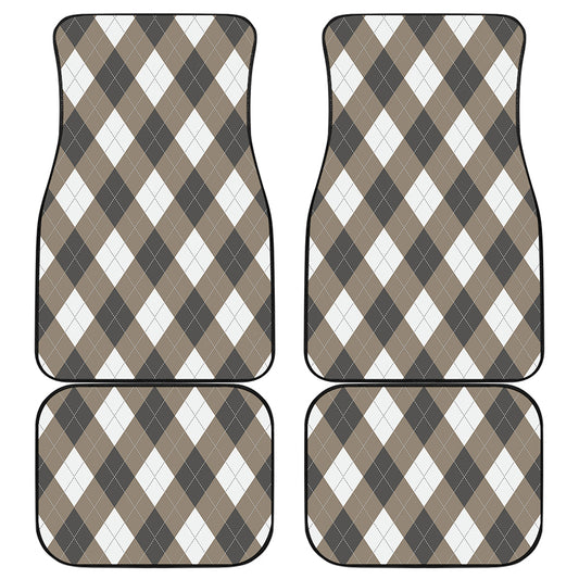 Brown And White Argyle Pattern Print Front and Back Car Floor Mats