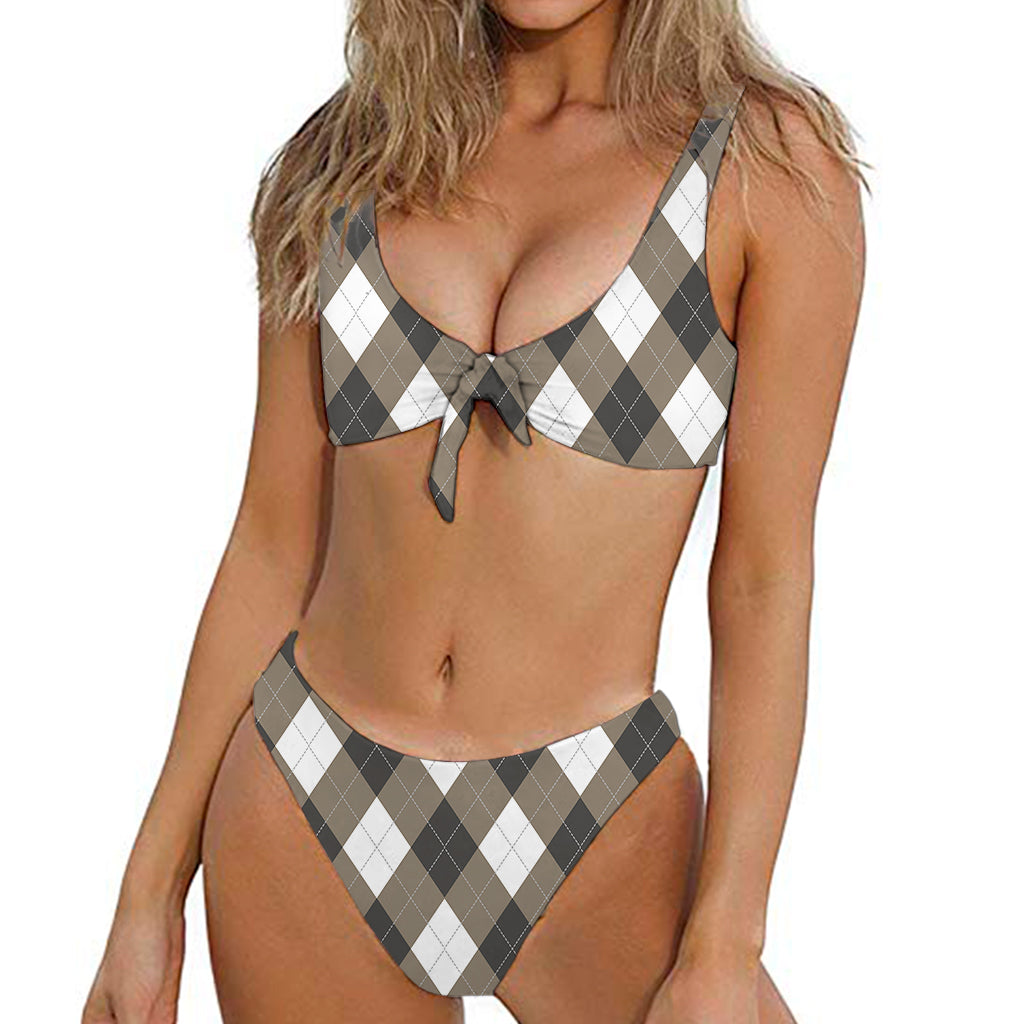 Brown And White Argyle Pattern Print Front Bow Tie Bikini