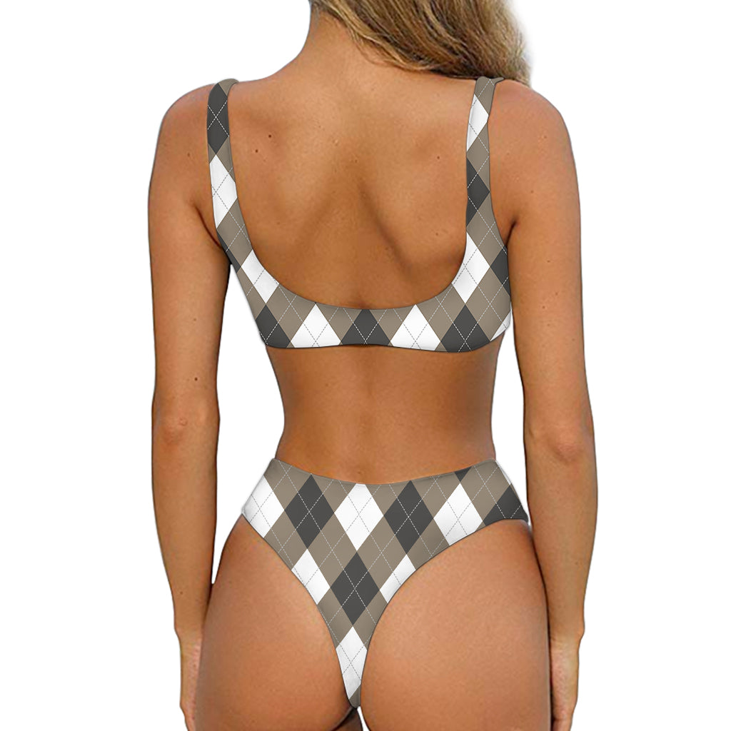 Brown And White Argyle Pattern Print Front Bow Tie Bikini