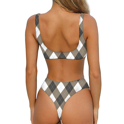 Brown And White Argyle Pattern Print Front Bow Tie Bikini