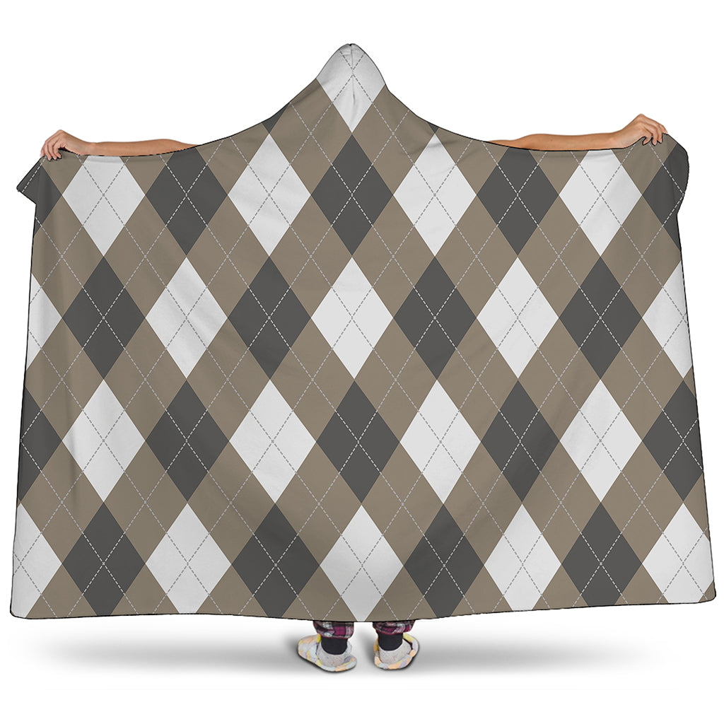 Brown And White Argyle Pattern Print Hooded Blanket