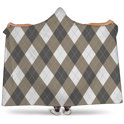 Brown And White Argyle Pattern Print Hooded Blanket