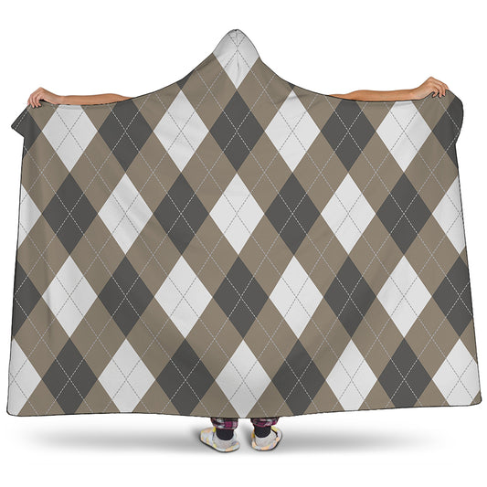 Brown And White Argyle Pattern Print Hooded Blanket