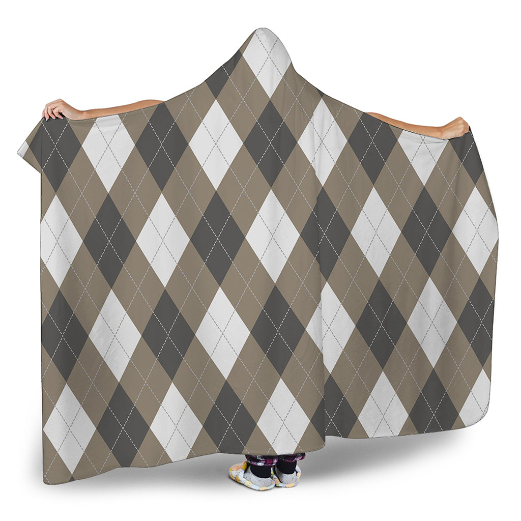 Brown And White Argyle Pattern Print Hooded Blanket