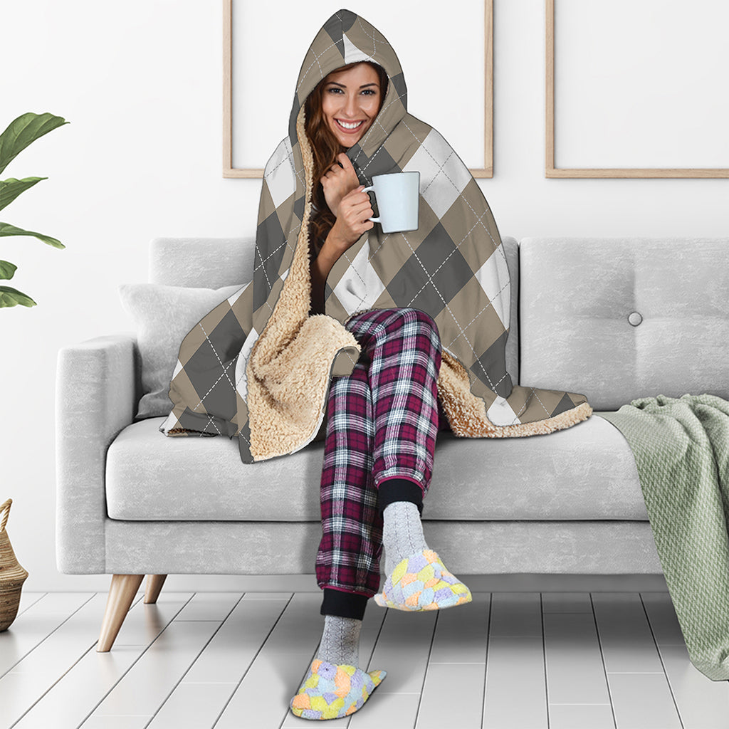 Brown And White Argyle Pattern Print Hooded Blanket