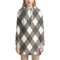 Brown And White Argyle Pattern Print Pullover Hoodie Dress