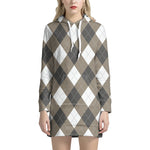 Brown And White Argyle Pattern Print Hoodie Dress