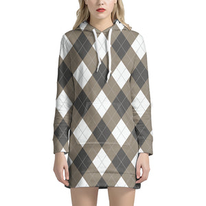 Brown And White Argyle Pattern Print Hoodie Dress