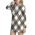 Brown And White Argyle Pattern Print Hoodie Dress